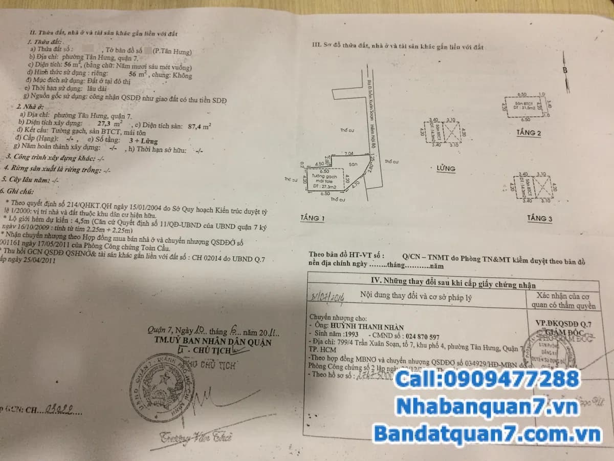 Bán nhà hẻm 799 Trần Xuân Soạn phường Tân Hưng, diện tích 56m2, giá 1.95 tỷ, LH 0909477288