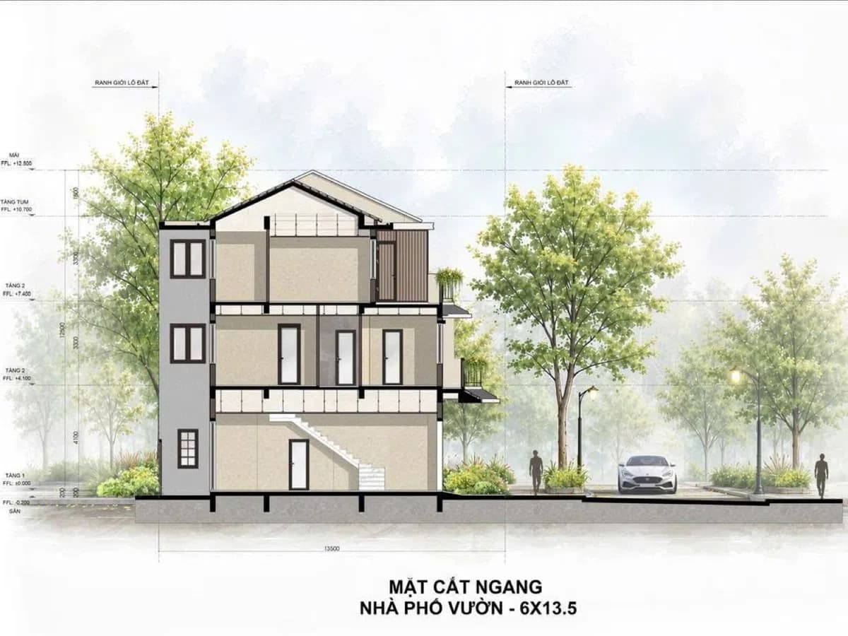 Bản vẽ mặt cắt ngang nhà phố vườn Rừng Phượng