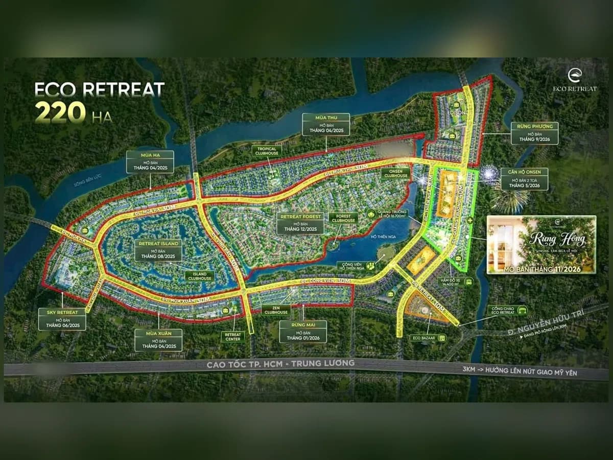 Mặt bằng tổng thể Eco Retreat 220 ha và vị trí phân khu Rừng Hồng, mở bán tháng 11/2026