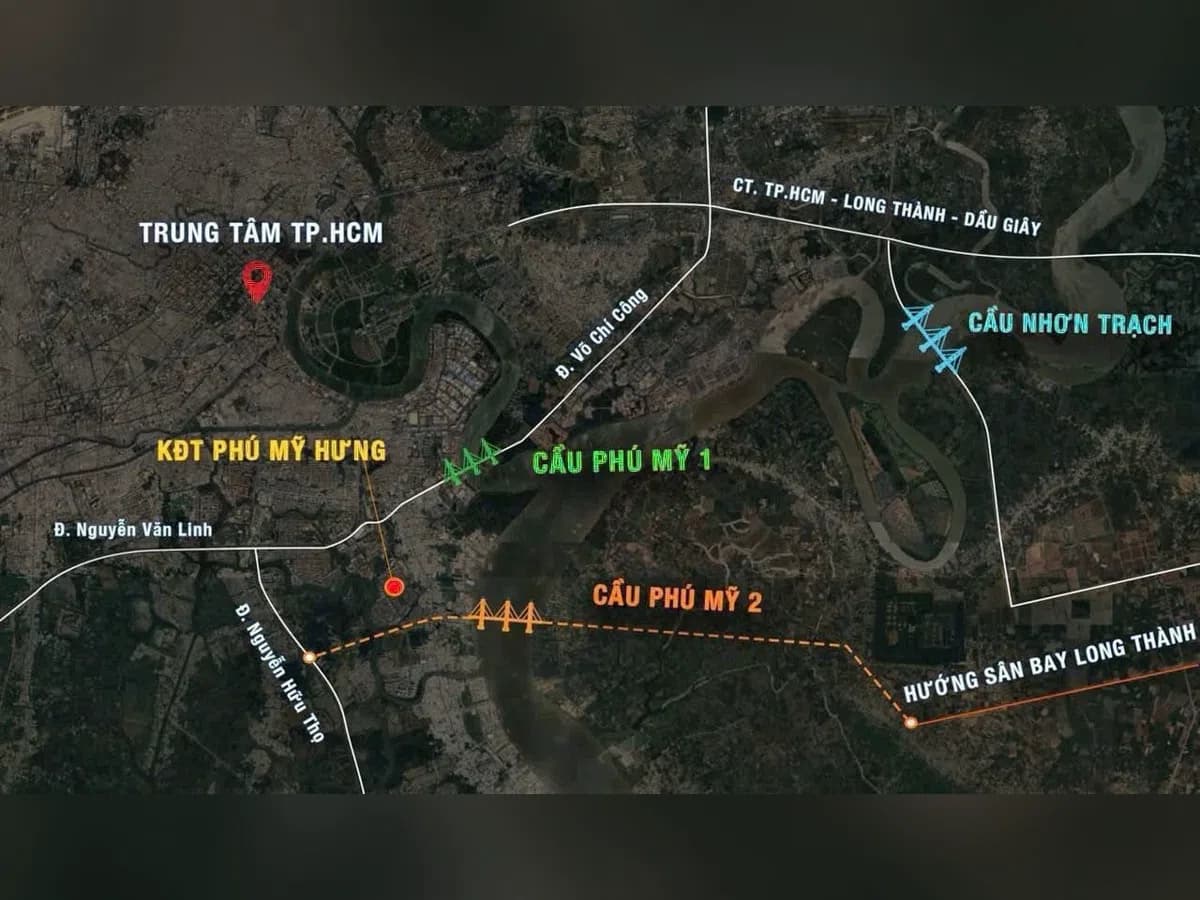 Sơ đồ minh họa hướng tuyến cầu Phú Mỹ 2 từ đường Nguyễn Hữu Thọ vượt sông về hướng Nhơn Trạch, sân bay Long Thành