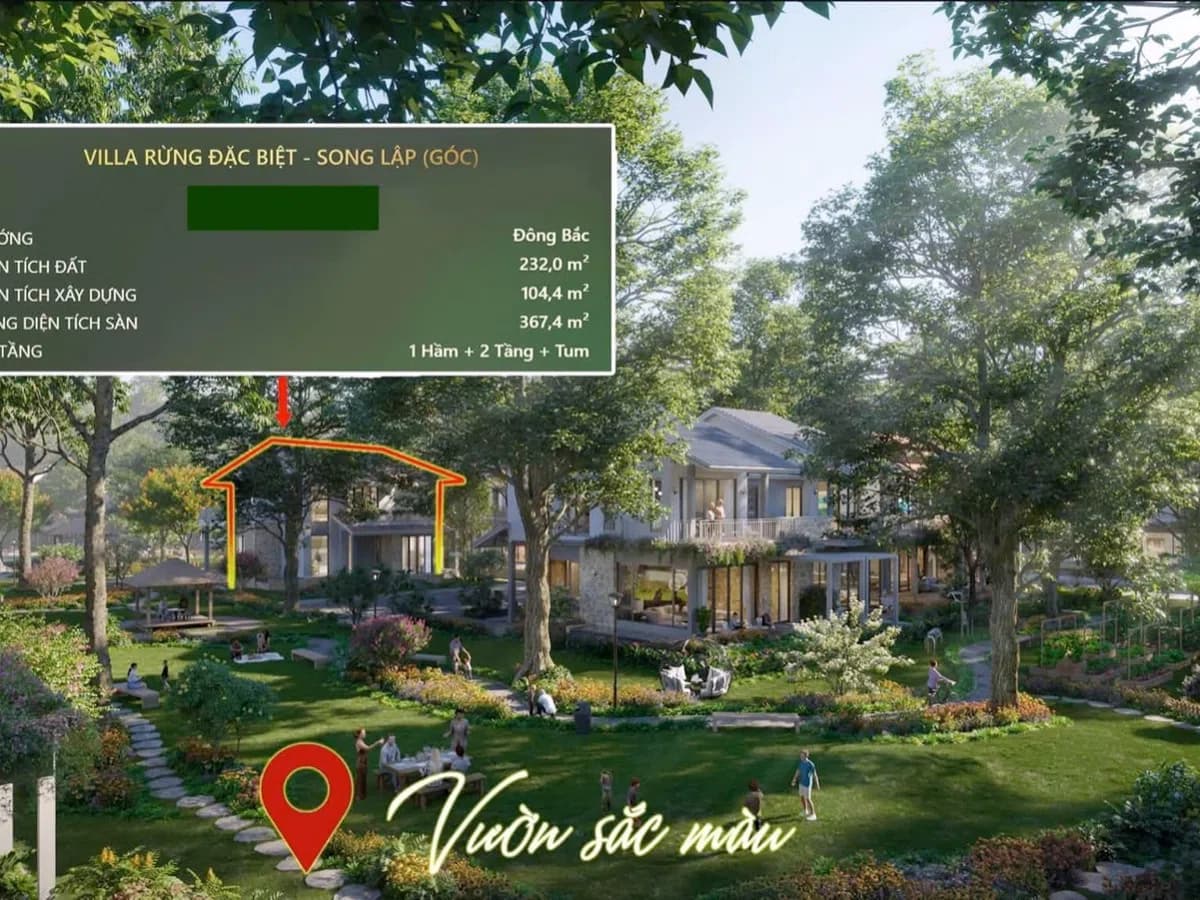 Phối cảnh túi rừng và biệt thự với bảng thông tin vườn chủ đề tại Retreat Forest