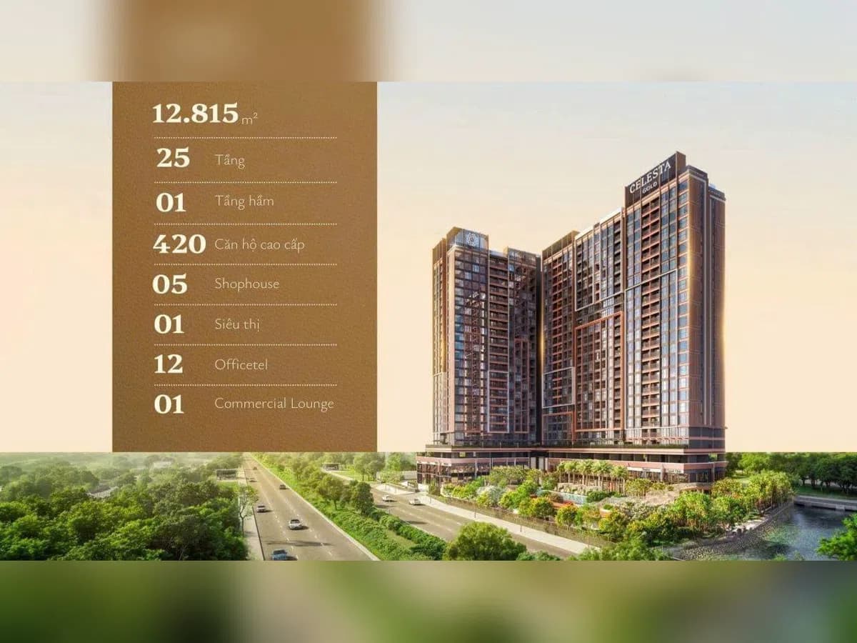 Thông số Celesta Gold: 12.815 m², 25 tầng, 420 căn hộ, 5 shophouse, 12 officetel