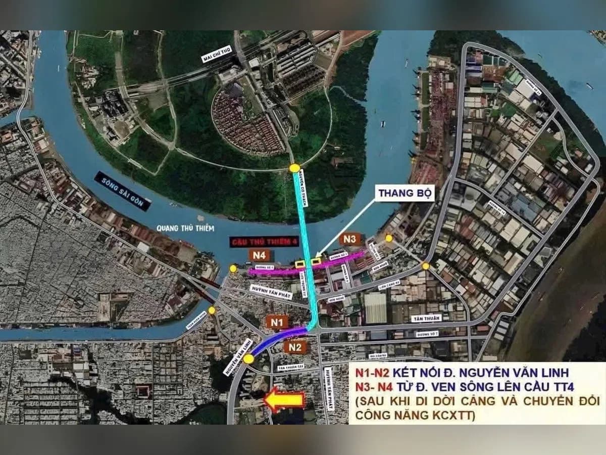 Sơ đồ minh họa hướng tuyến cầu Thủ Thiêm 4 từ đường Nguyễn Văn Linh (Tân Thuận) vượt sông Sài Gòn sang Thủ Thiêm