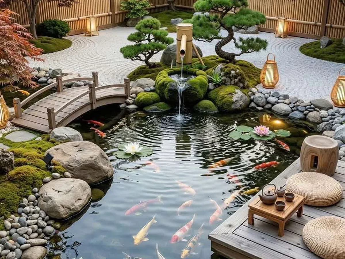 Hình minh họa vườn Nhật với hồ cá koi và tiểu cảnh đá
