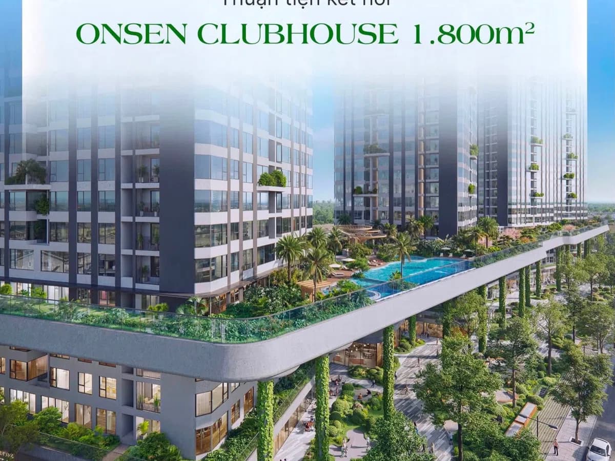 Phối cảnh Onsen Clubhouse với hồ bơi giữa các tòa nhà