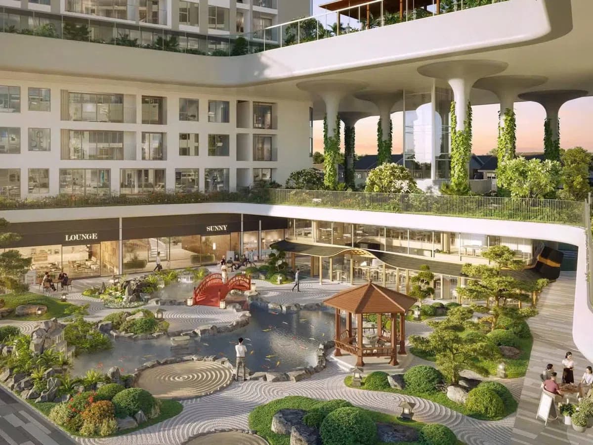 Phối cảnh khu tiện ích nội khu giữa các tòa căn hộ tại Eco Retreat