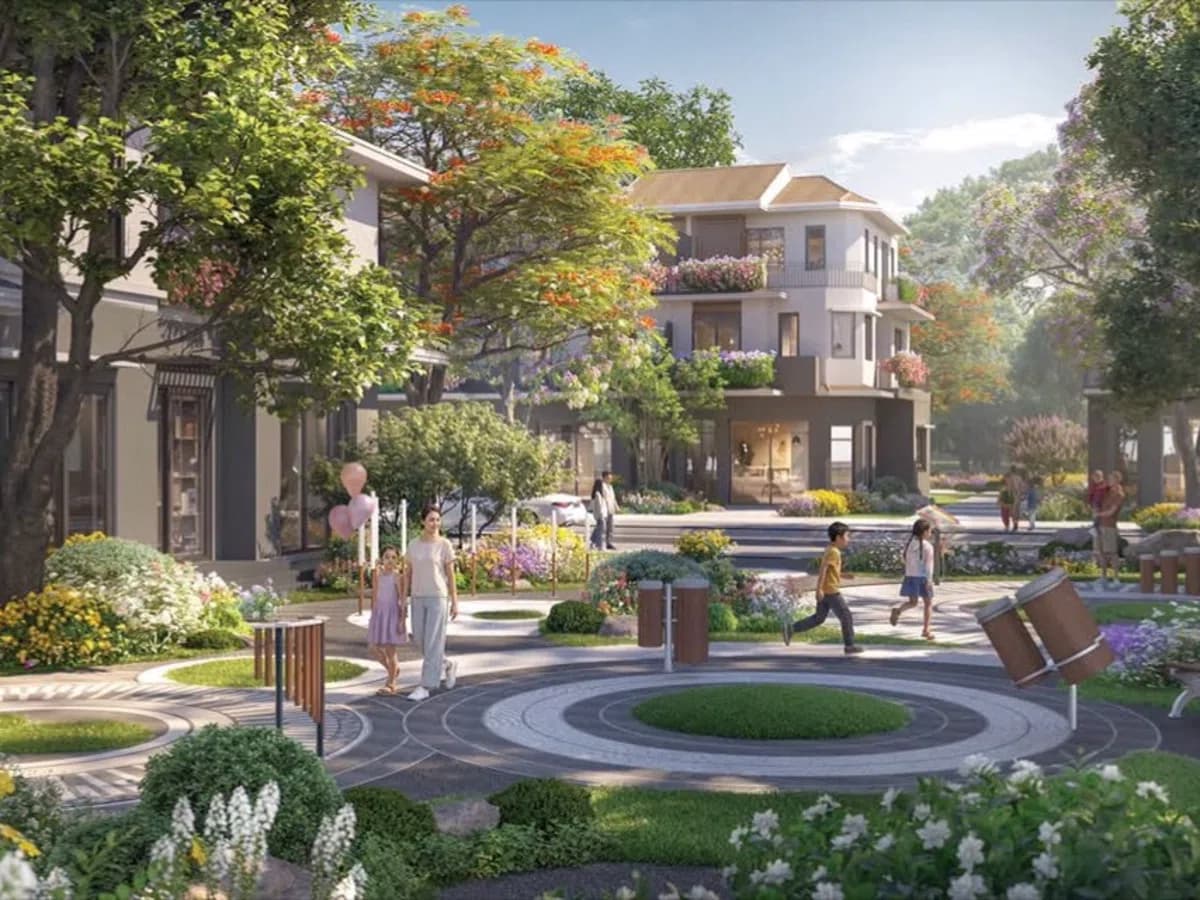 Phối cảnh khu vườn và dãy nhà phố tại Eco Retreat